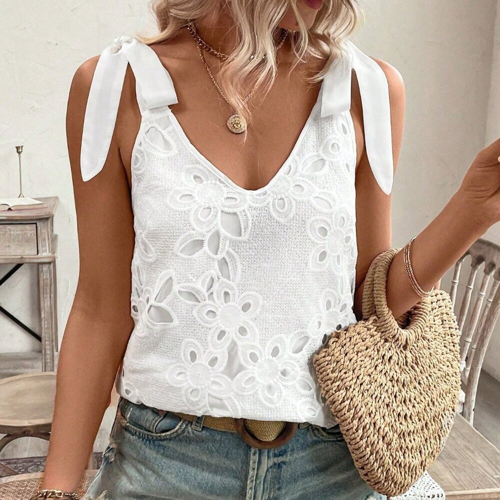 White Casual Women's Tie Shoulder Guipure Lace Blouse - Picture 5 of 8